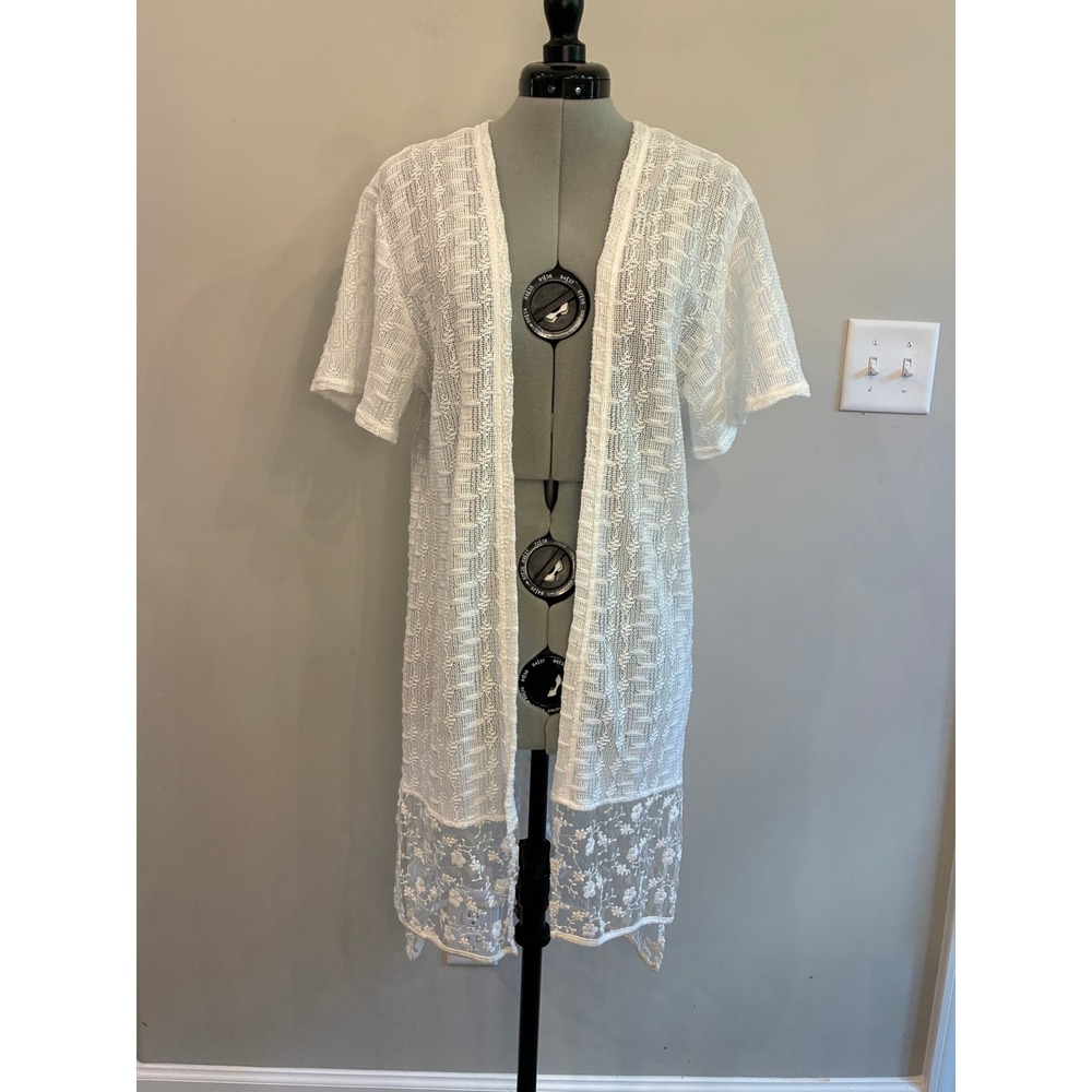 POL White Crochet Open Front Duster Cardigan | Floral Lace Trim | Size Medium M